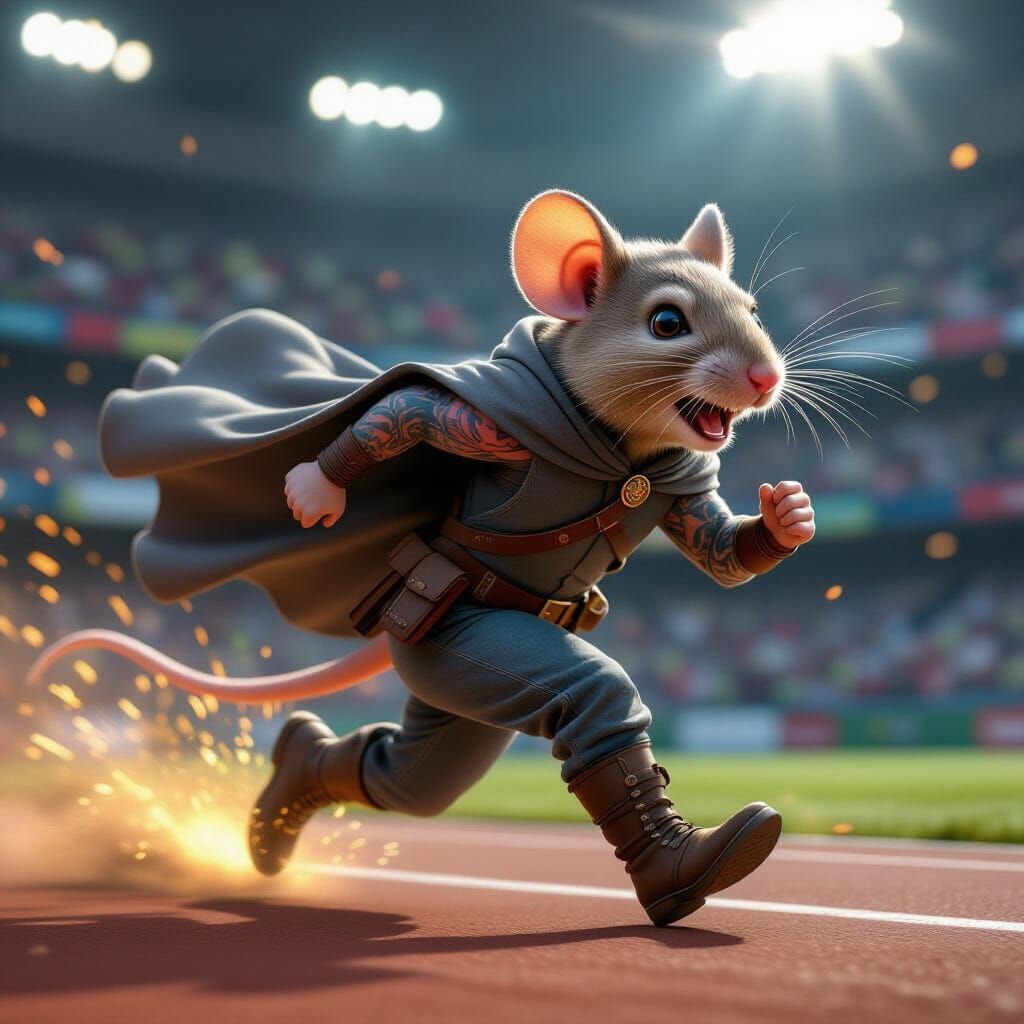 A dynamic sports poster of Finn, an anthropomorphic mouse adventurer, running at full speed like a sprinter. His gray cloak flows dramatical...
