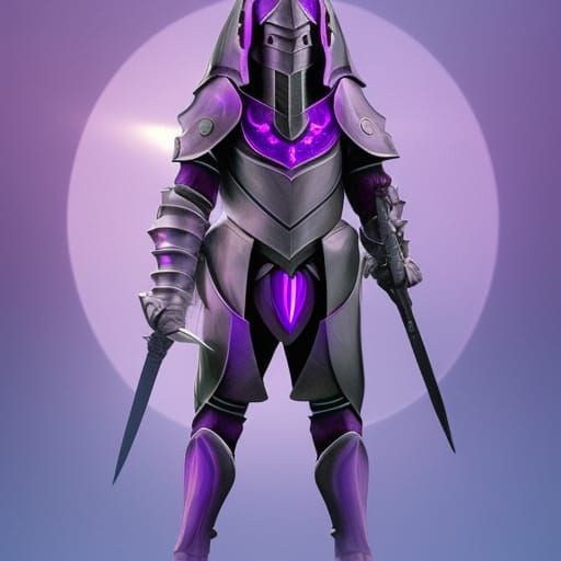 a knight in futuristic glowing purple armor with a big glowi...
