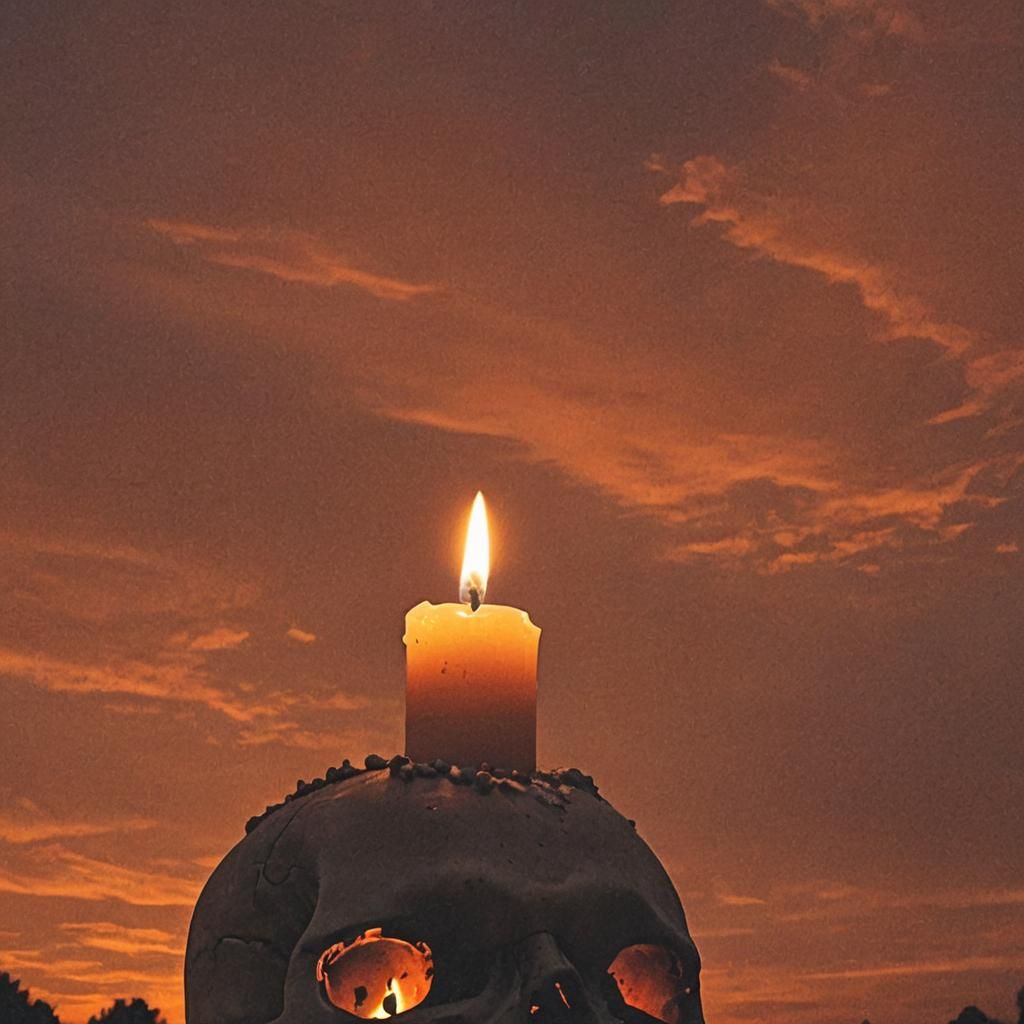 A lone candle's flame, flickering within a skull silhouetted...
