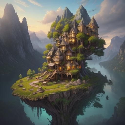 Fantasy Treehouse Village Concept Art in Golden Light