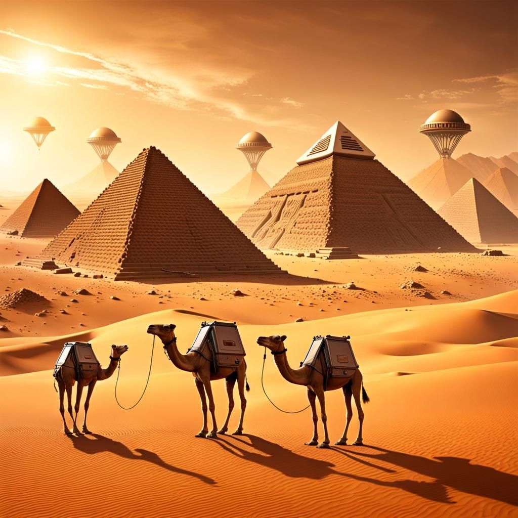 Egyptian Pyramids with camel caravans and aliens and a gas s...