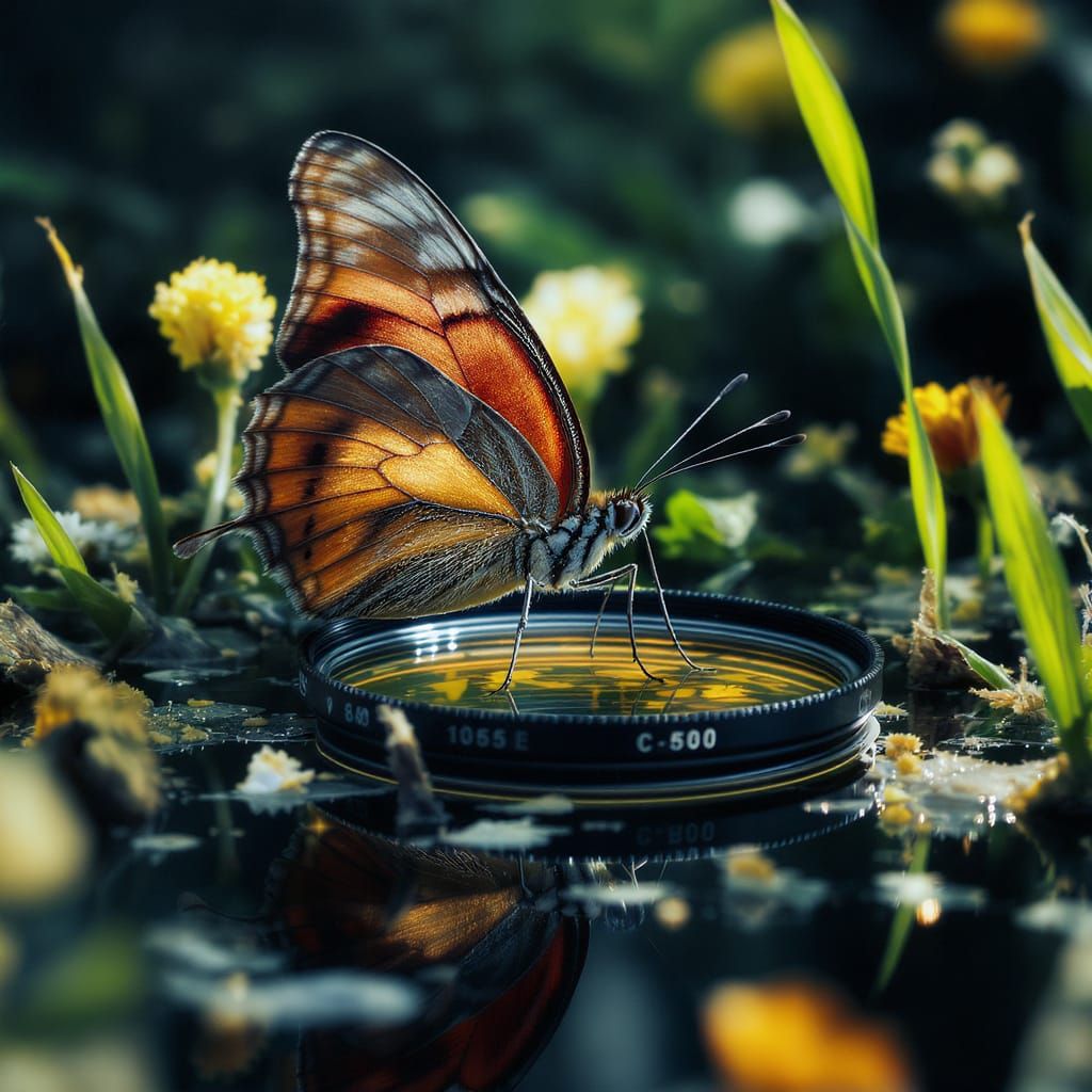 Macro shot of a butterfly landing on a lens filter placed in the grass  by @WhiteC