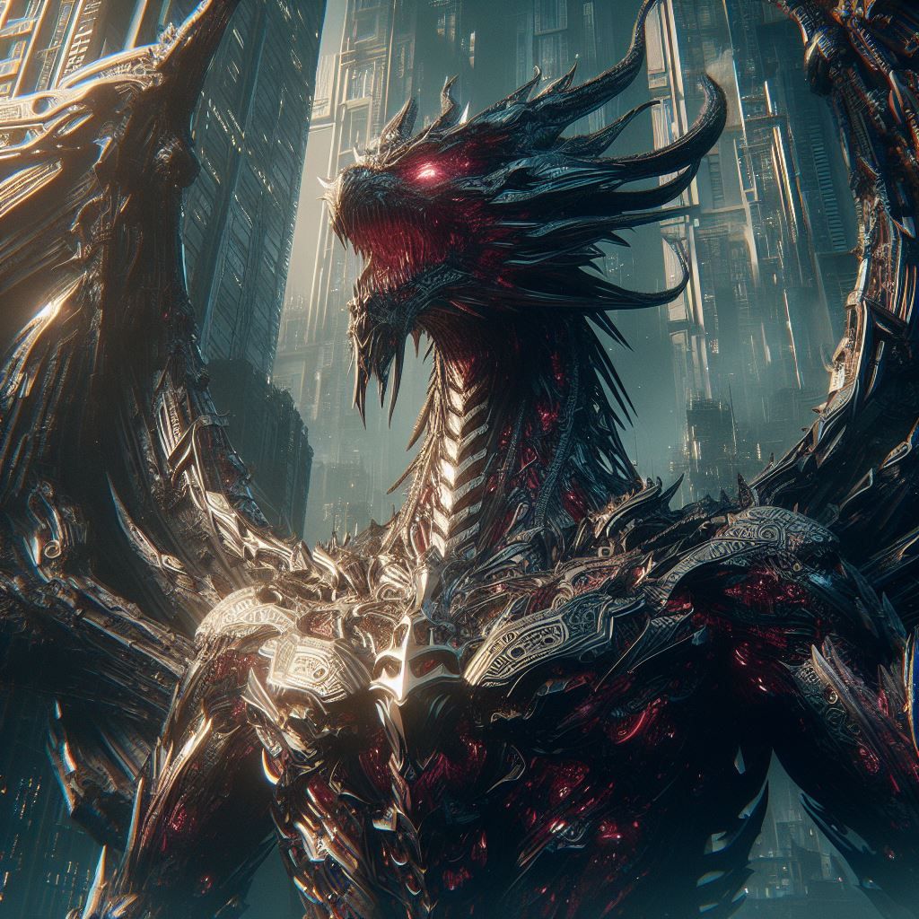 Cyber dragon in futuristic city