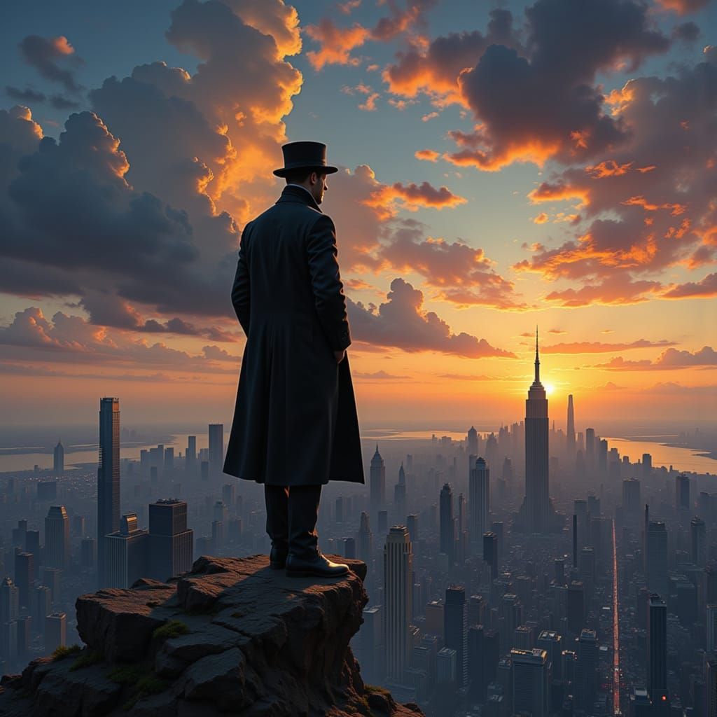 Businessman on Skyscraper Overlooking City at Sunset