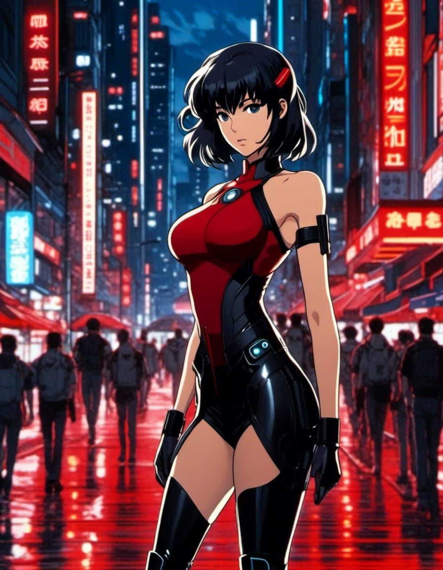 Anime Portrait of Motoko Kusinagi wearing a red with black a...