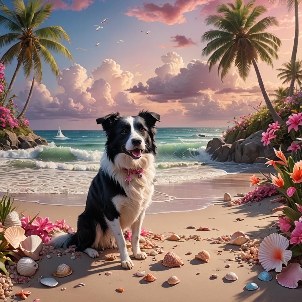 Colorful Border Collie on Tropical Beach