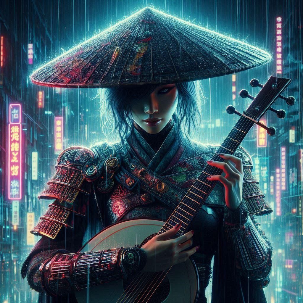 Shamisen CyberGeishamurai playing in the Rain Closeup