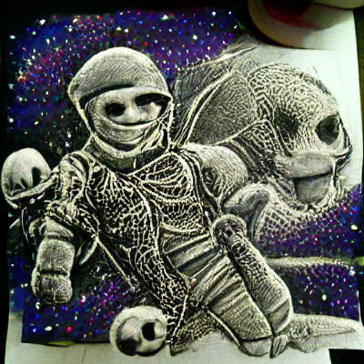 Scary skeleton astronaut in space stipple