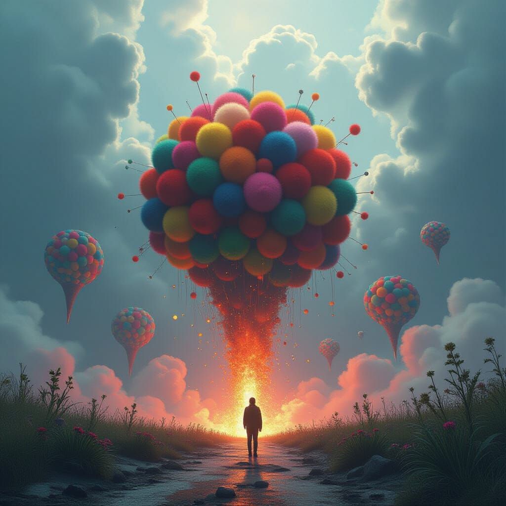 Colorful Pom-poms Explode in a Digital Painting