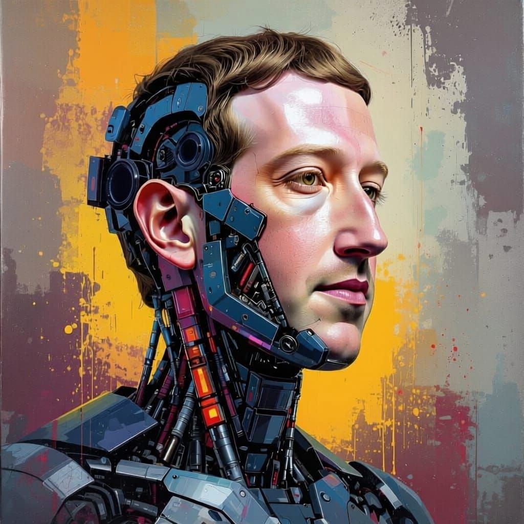 I need a portrait of mark Zuckerberg but he is a cyborg. He is very robotic and cyborg looking but also still resembles him. Make it a portr...