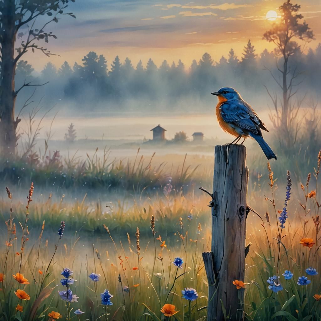 Ethereal Bird in Misty Meadow Watercolor