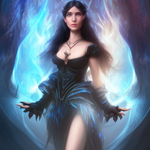 Female wizard with black hair and luminous blue eyes. She is...