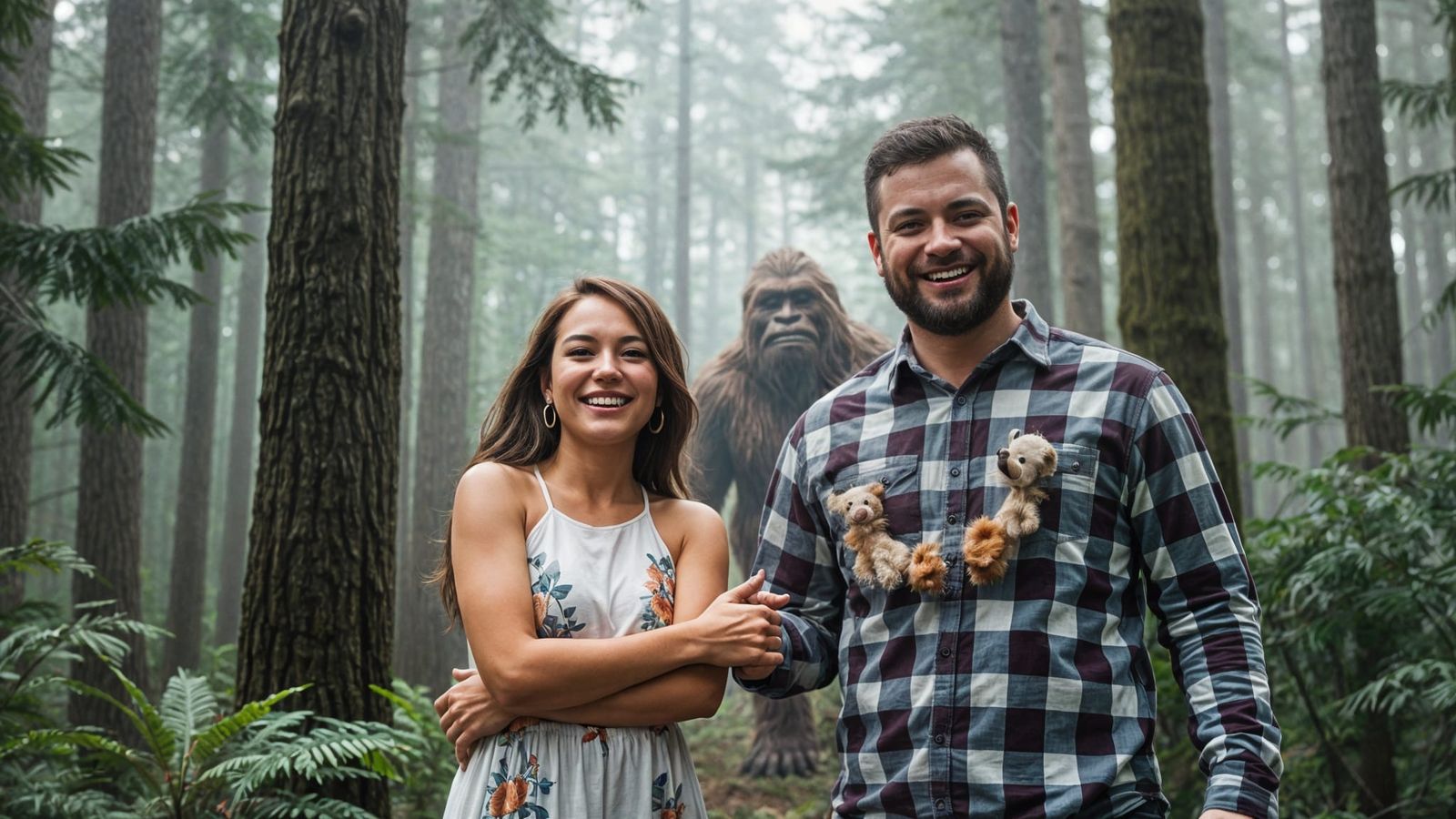 couple smiling looking into the camera with Bigfoot smiling behind them  by @Ed Evans