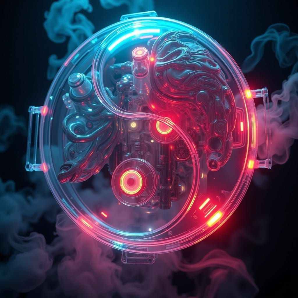 <lora:Cybernetix:1.0> dynamically close up, high-resolution photograph of a translucent softly glowing mechanical "Yin Yang" back lit by neo...