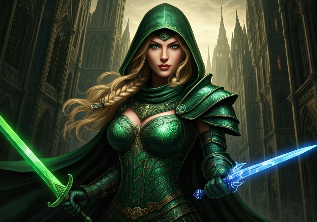 Emerald rogue fighter with enchanted blades