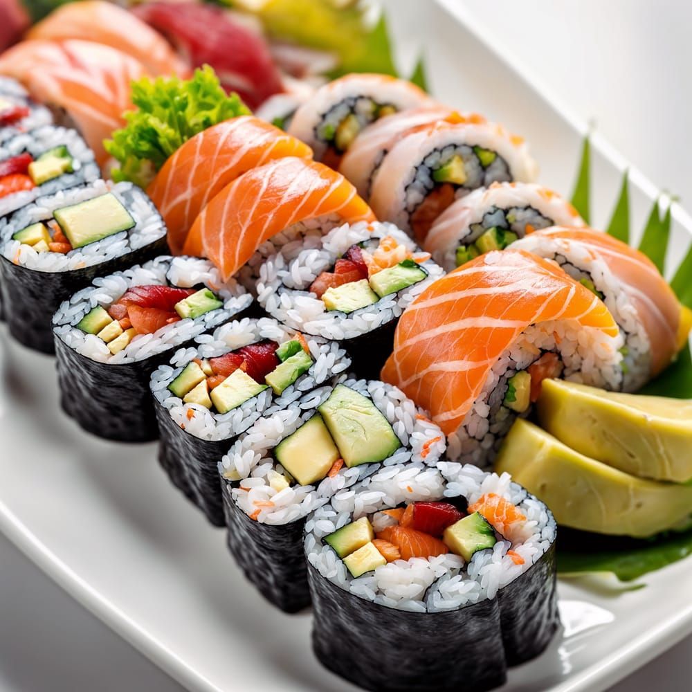 A plate of assorted sushi rolls, including maki and nigiri, ...