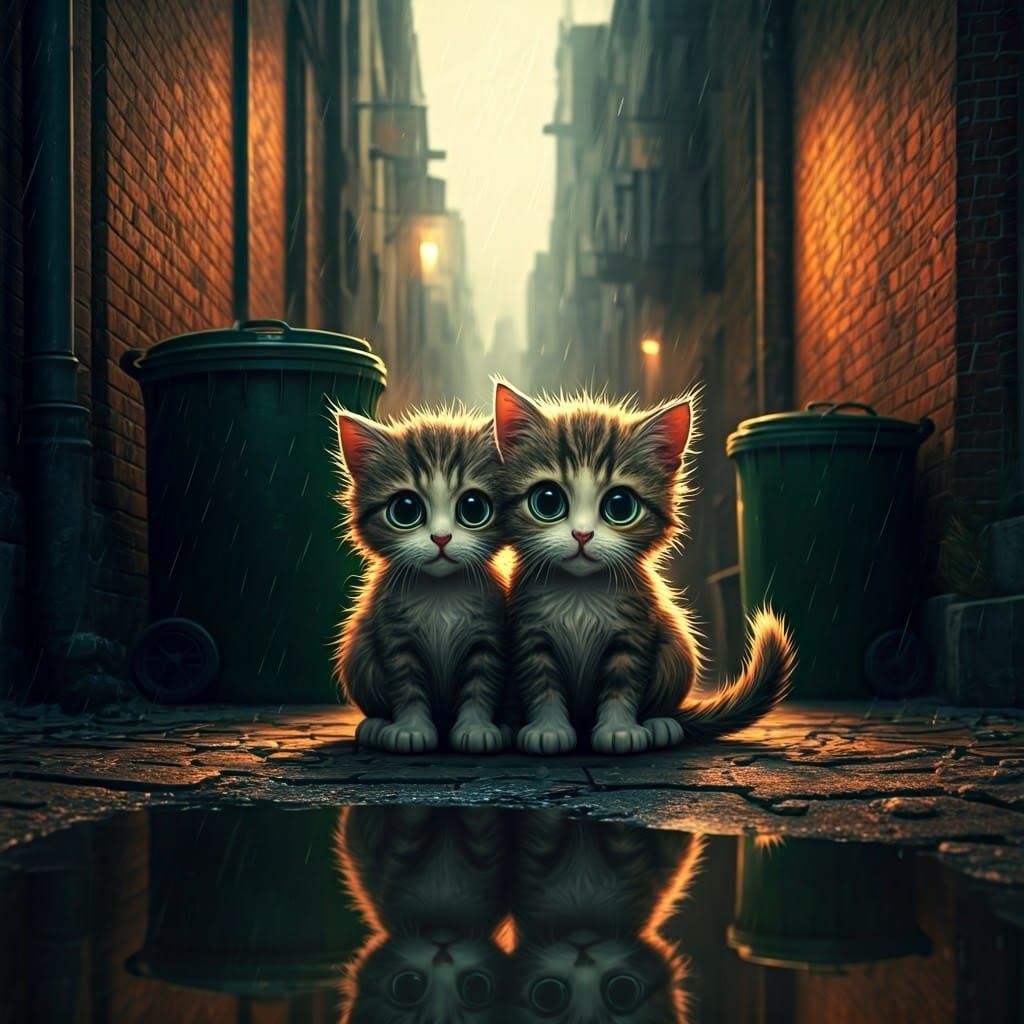 Twin Kittens Seek Warmth in Rainy Alleyway