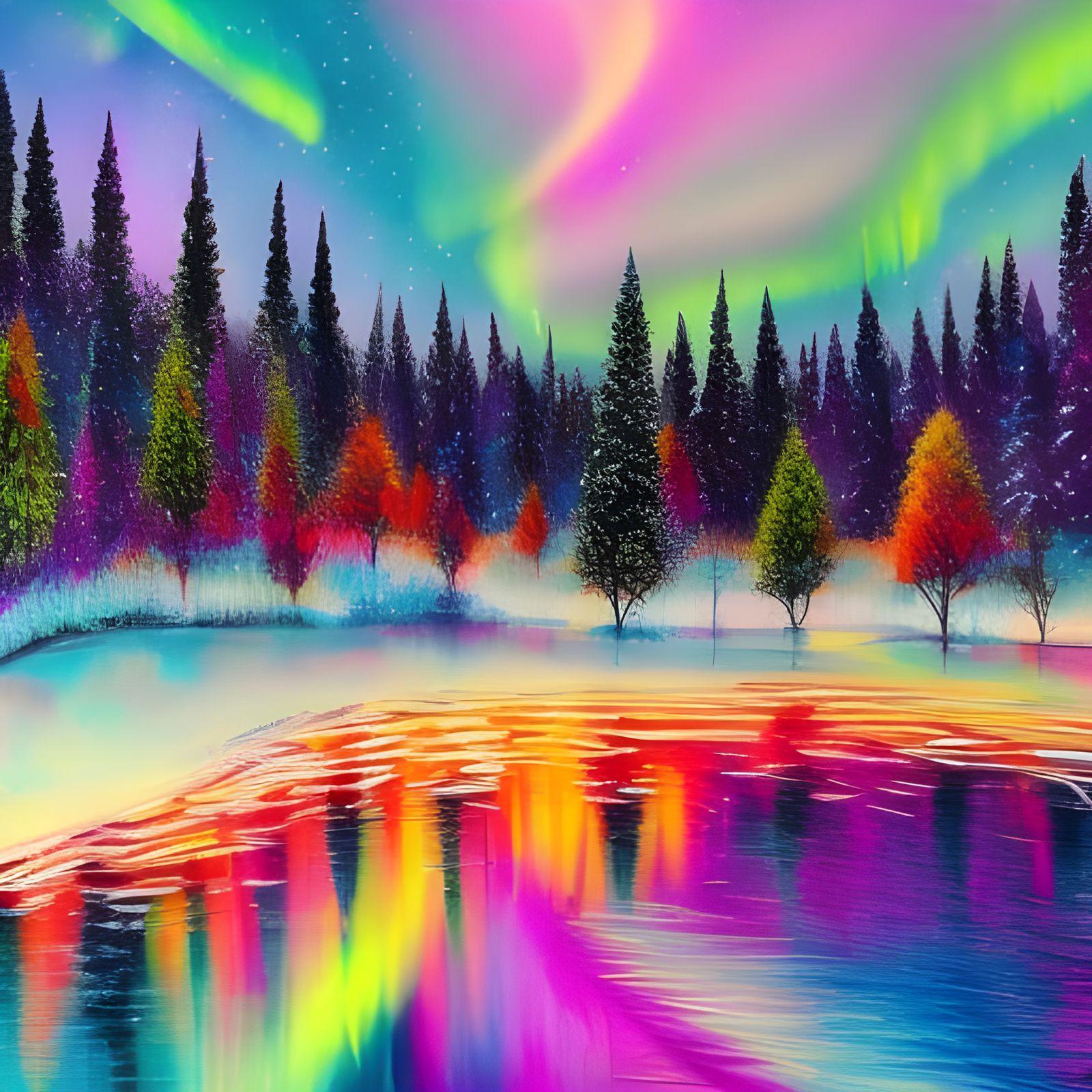 a park at sunset reflecting rainbow and the northern lights, frozen pond, clear, hyper detailed, elaborate, ...  by @kdwalker