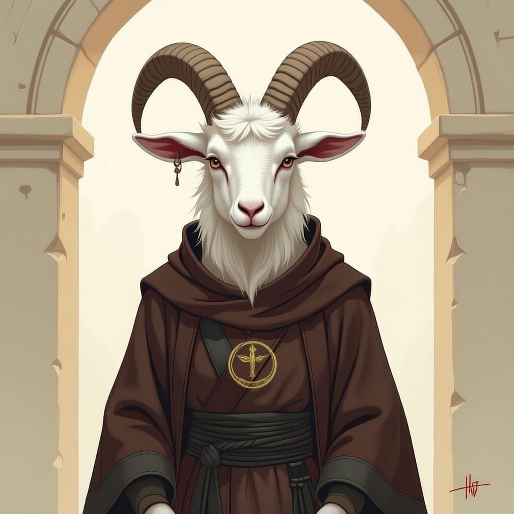 A whimsical goatperson with goatheat and fur rpg content character creation dolmenwood breggle Short Horns lower cast poor rather skinny and...