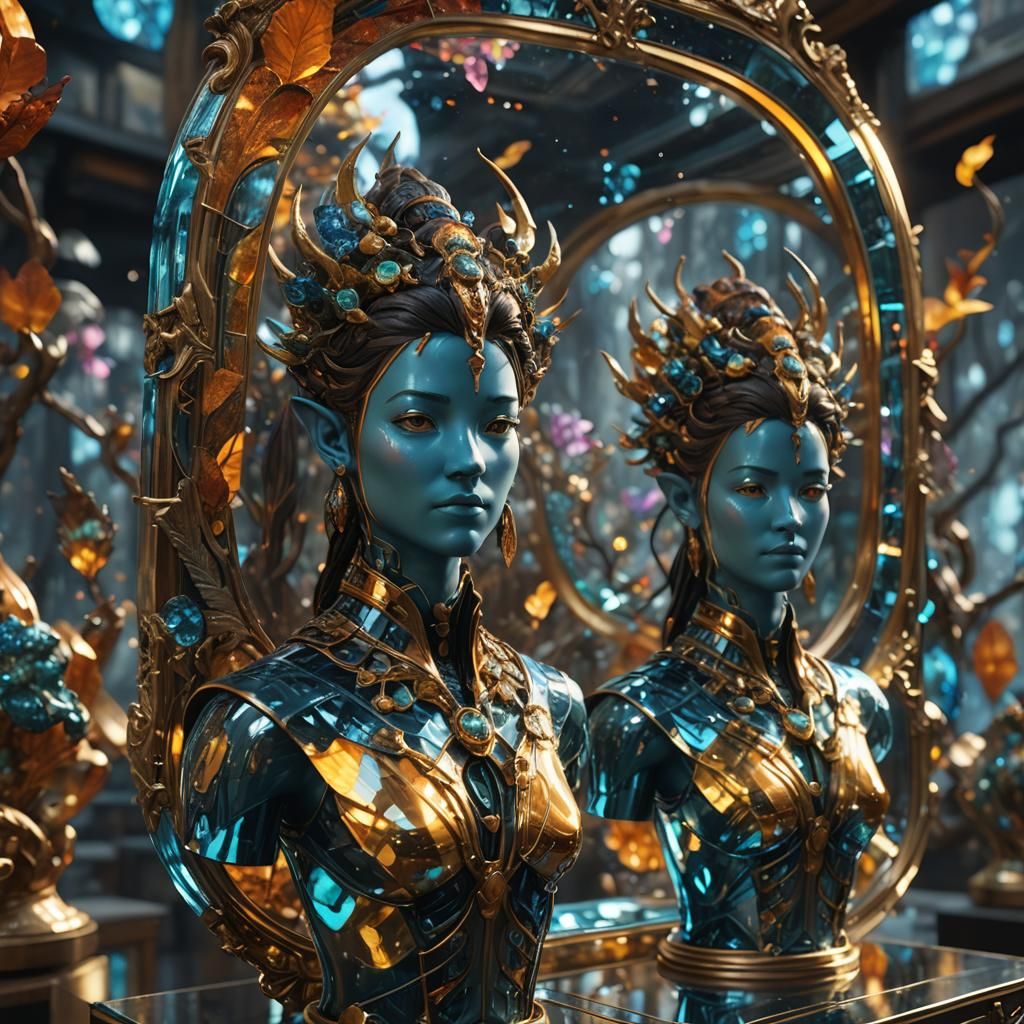 8k blown glass avatar statue focused close up 3d in a four s...