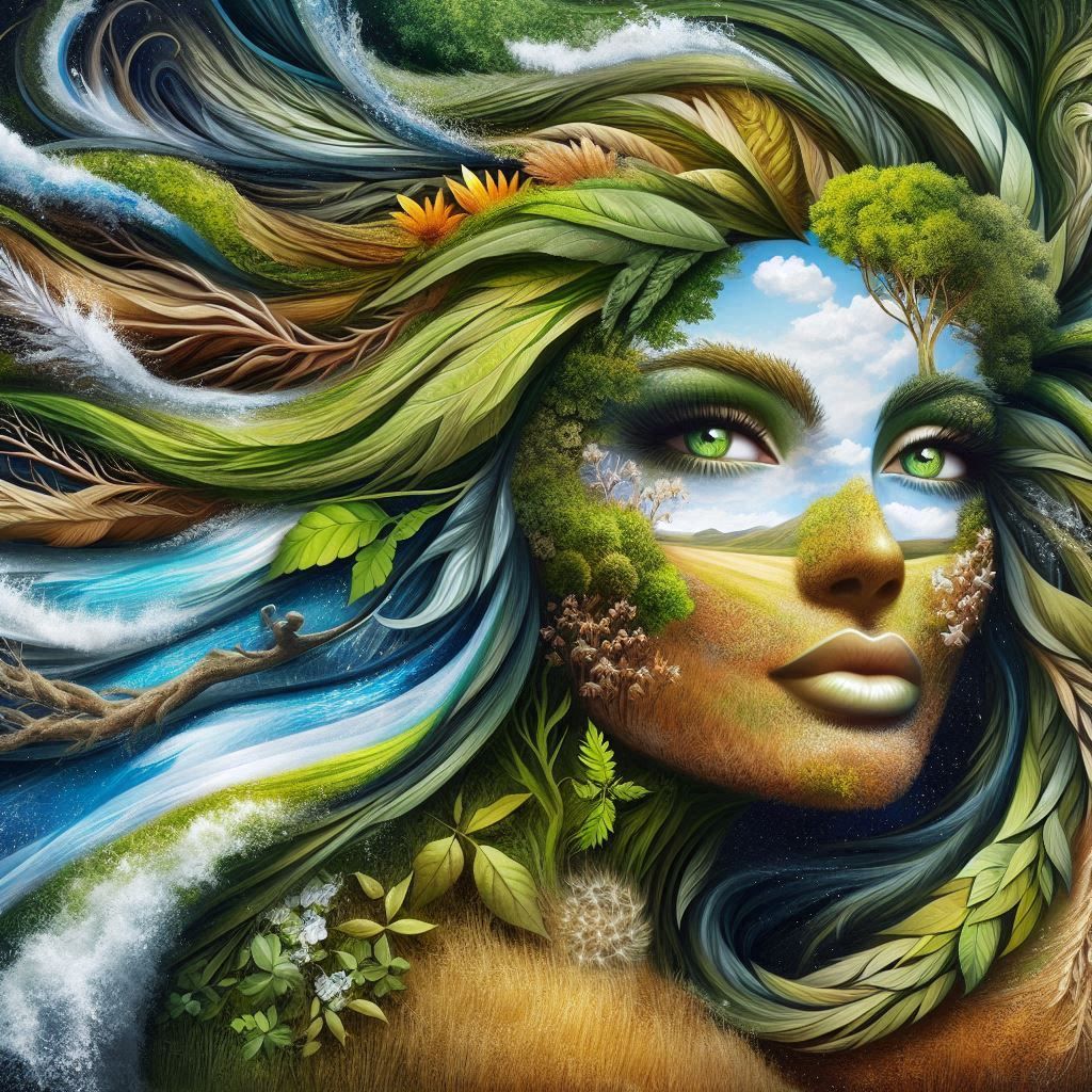 Nature as a human, with eyes of rivers, hair of trees and  l...