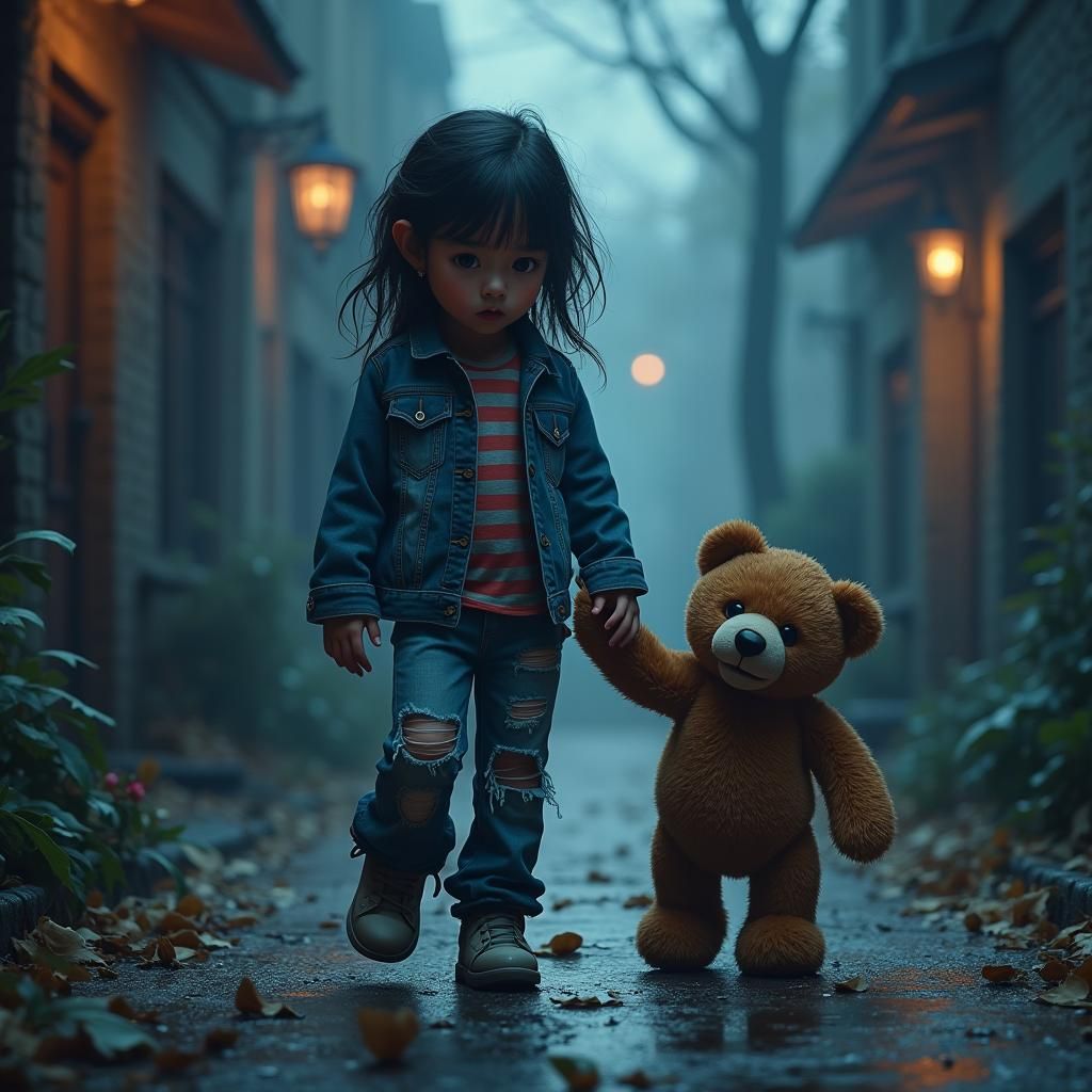 Fearful Girl and Teddy Bear Paw in Fantasy Art Style