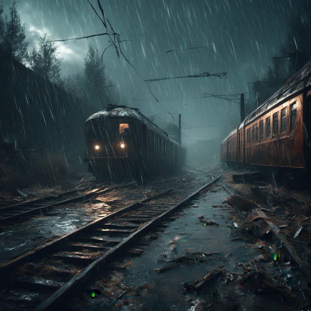 <lora:Macabre:1.0> Train in heavy rain and storm