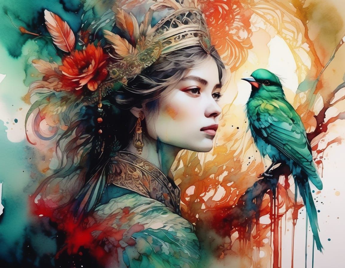 Ethereal Baroque Watercolor Portrait of a Young Woman with a...
