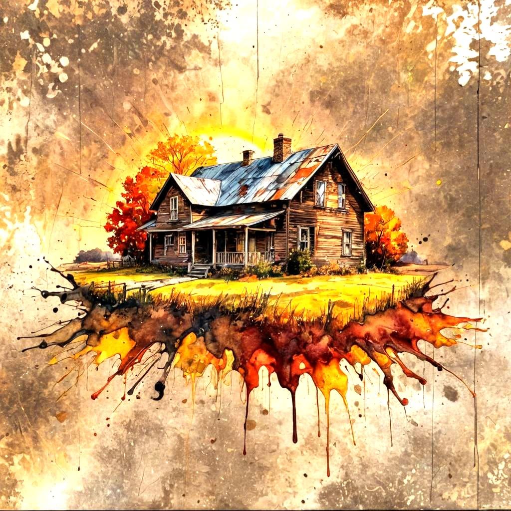 Ink Splatter Art--Autumn Farmhouse  by @ArtMew94