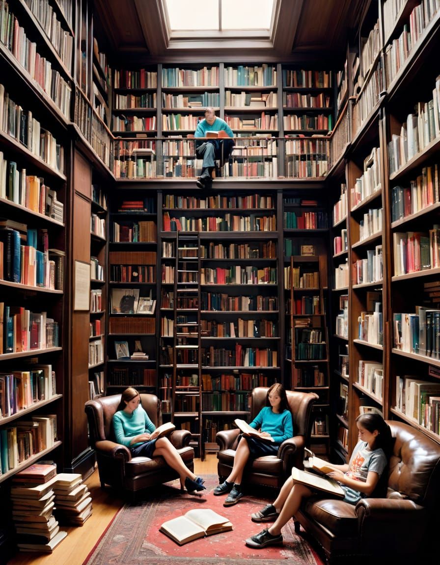 A room packed with floor-to-ceiling bookshelves crammed with books. A boy and girl are chilling on chairs, totally engrossed in books. A sig...