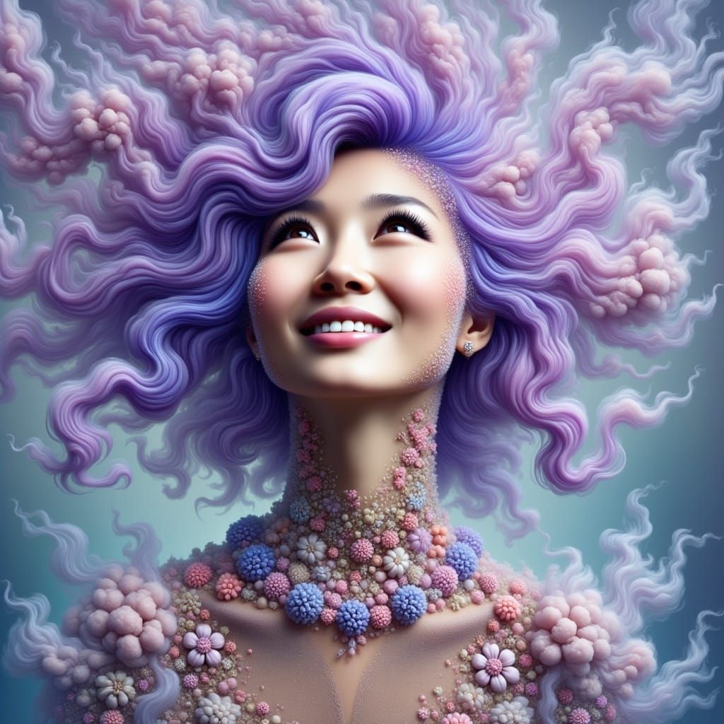 <lora:WonderPortrait:1.0>Beautiful portrait of a woman with a big smile, purple hair made of smoke, a big smile, her neck, and a blouse made...