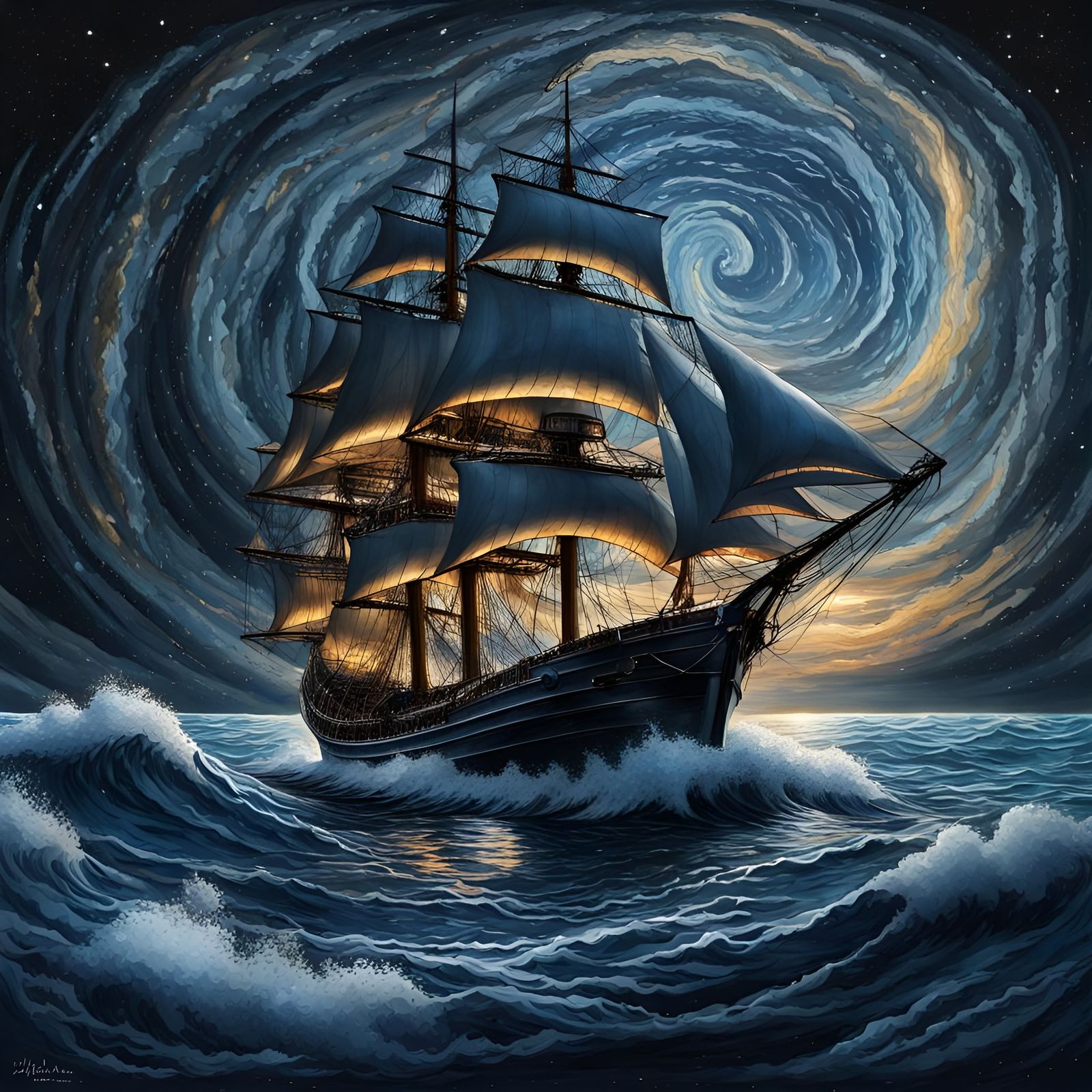 A blue sea, dark stary night, sailing ship, sea and sky are swirls. High resolution. R into a water colour ...  by @Irene