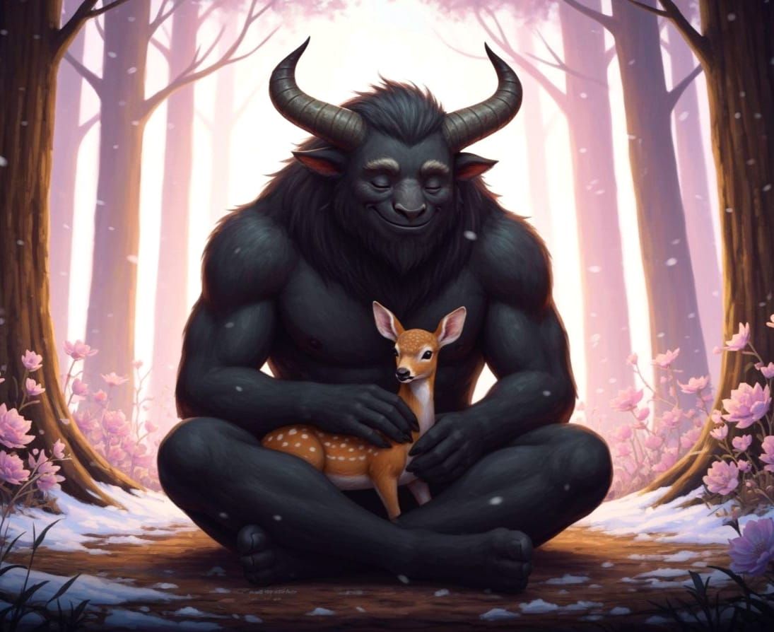 A giant black beast with horns, sitting cross legged on a forest floor, smiling gently while petting ...  by @Summerchild