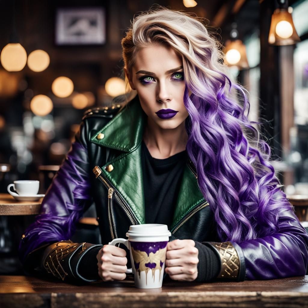 Valkyrie with Viking features, wavy golden hair that has pur...