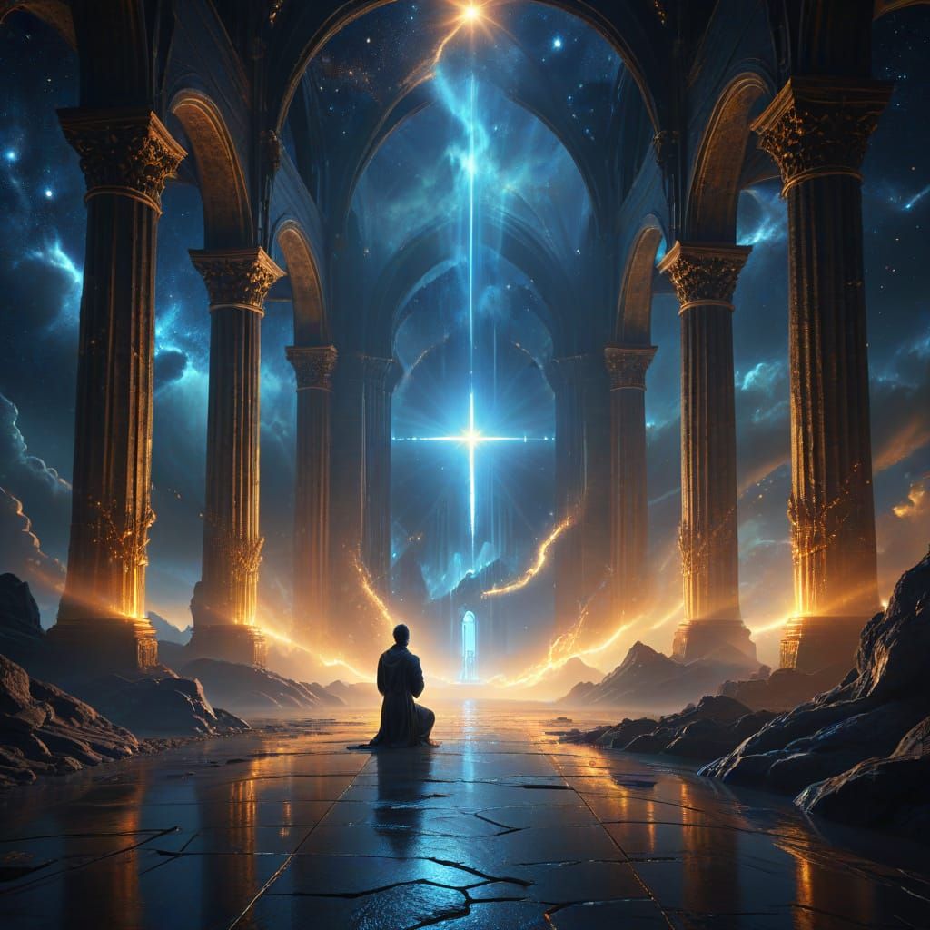 add flowering vines wrapped around the pillars and many cats on the floor staring at the man