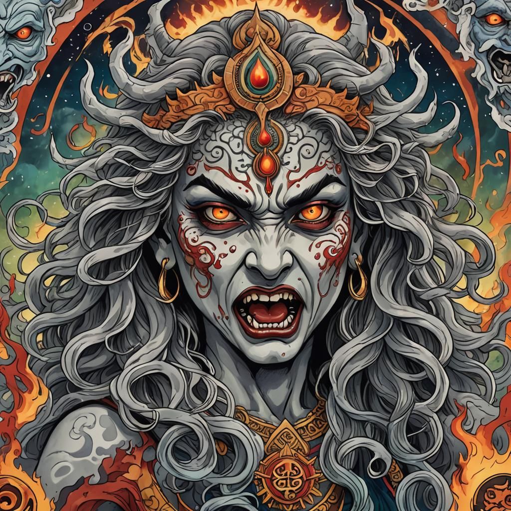 Angry face, Goddess Hindu of destruction, third eye, fangs, ...