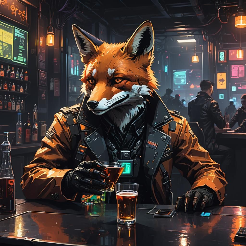 Cyberpunk fox drinking in a dark bar