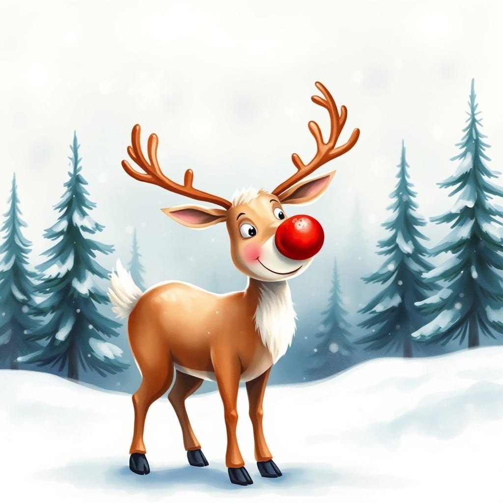 Rudolf the red-nosed reindeer, watercolor, 