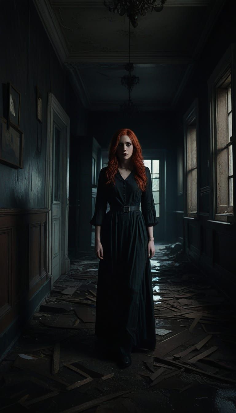 Ethereal Gothic Figure in Abandoned Mansion