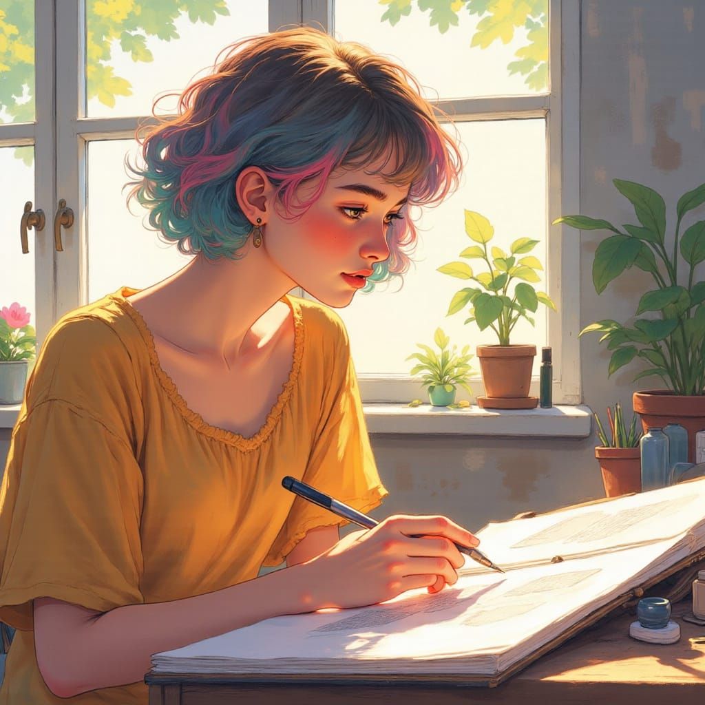 Queer Artist Drawing Life Sketches in Sunny Studio