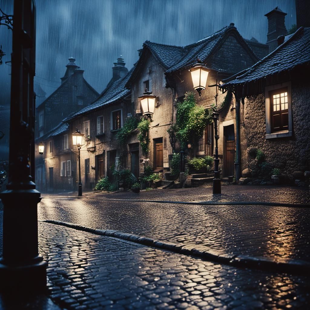 Rainy Night in a Small Village: A quaint village street unde...