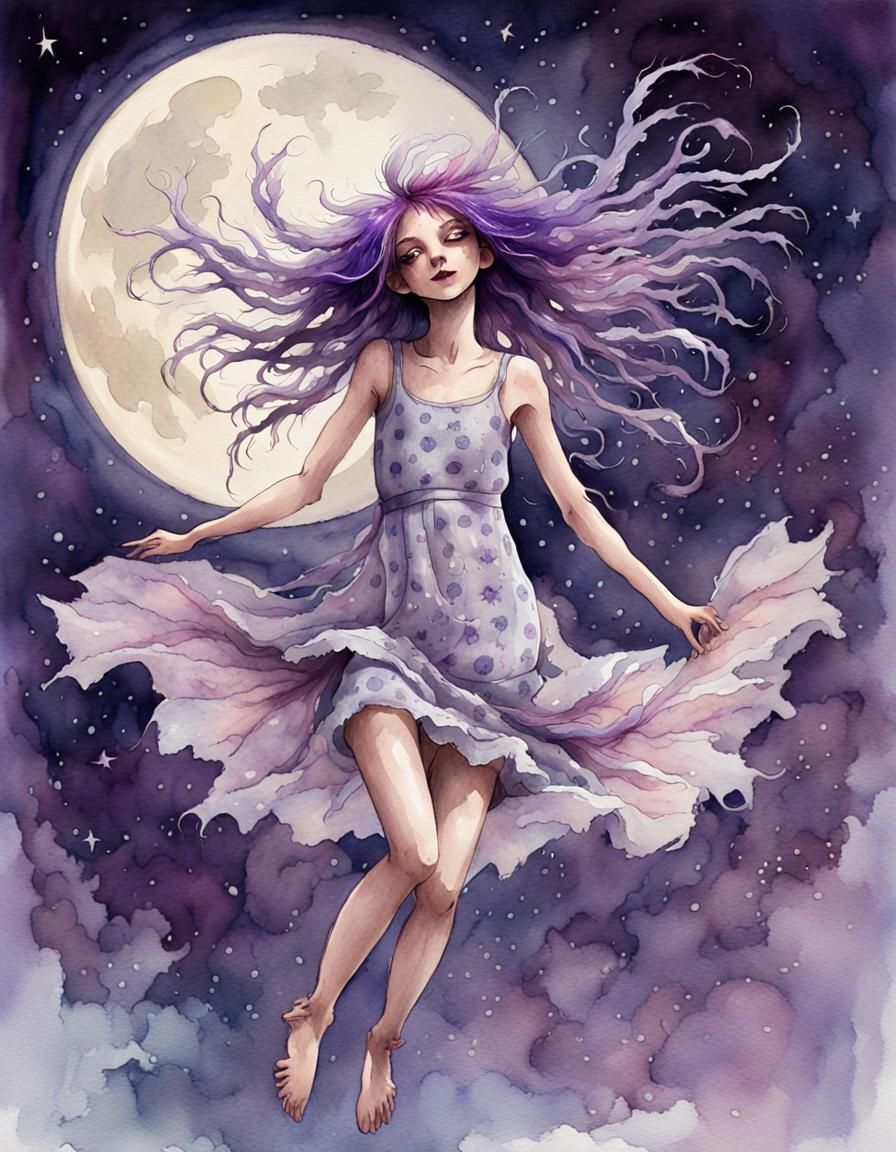 Punk Fairy in Moonlit Sky: Watercolor Fantasy Art