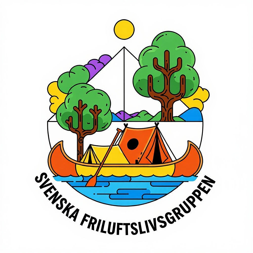 Simple logotyp for outdoor living. Cartoon style with few colors.
Include a canoe, a tree and a tent.
Text" Svenska Friluftslivsgruppen