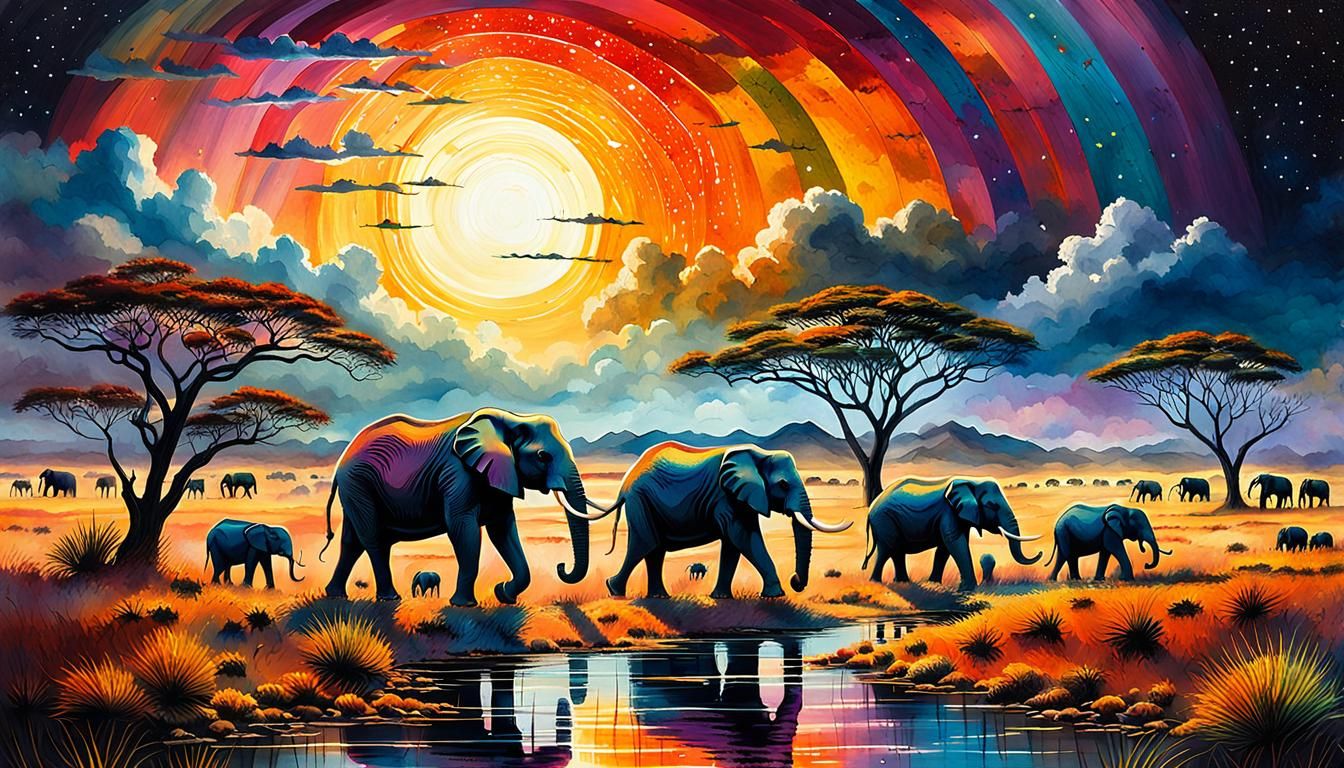Elephants trek by rainbow light  by @Dr T