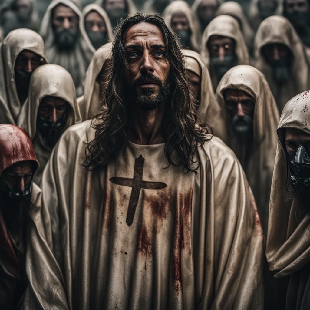 Jesus in a latex outfit and a gimp mask and his 12 disciples and the sermon  on the mount 4k, 8k, 24k, HD, life real hyperrealistic. Close up... - AI  Generated Artwork -