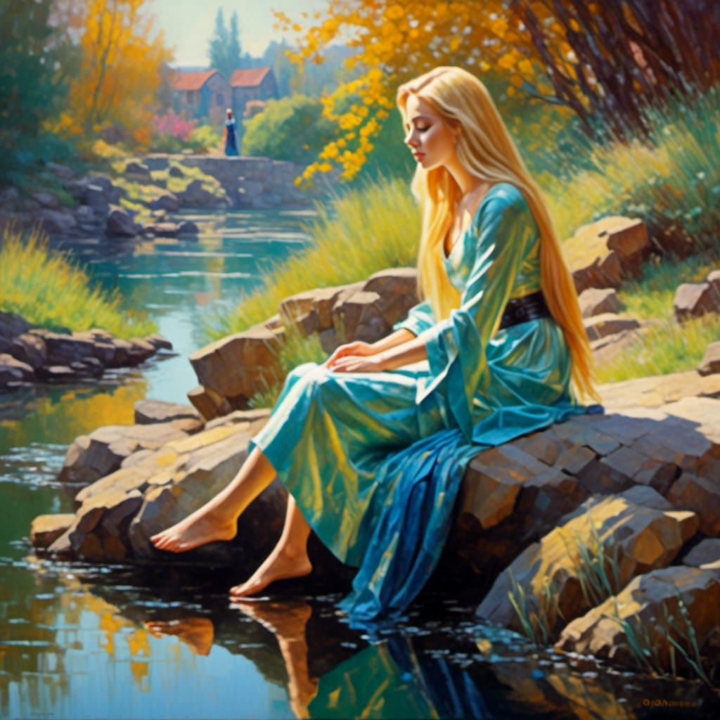 <lora:smoothmech:1.0> a painting of a woman sitting on a roc...