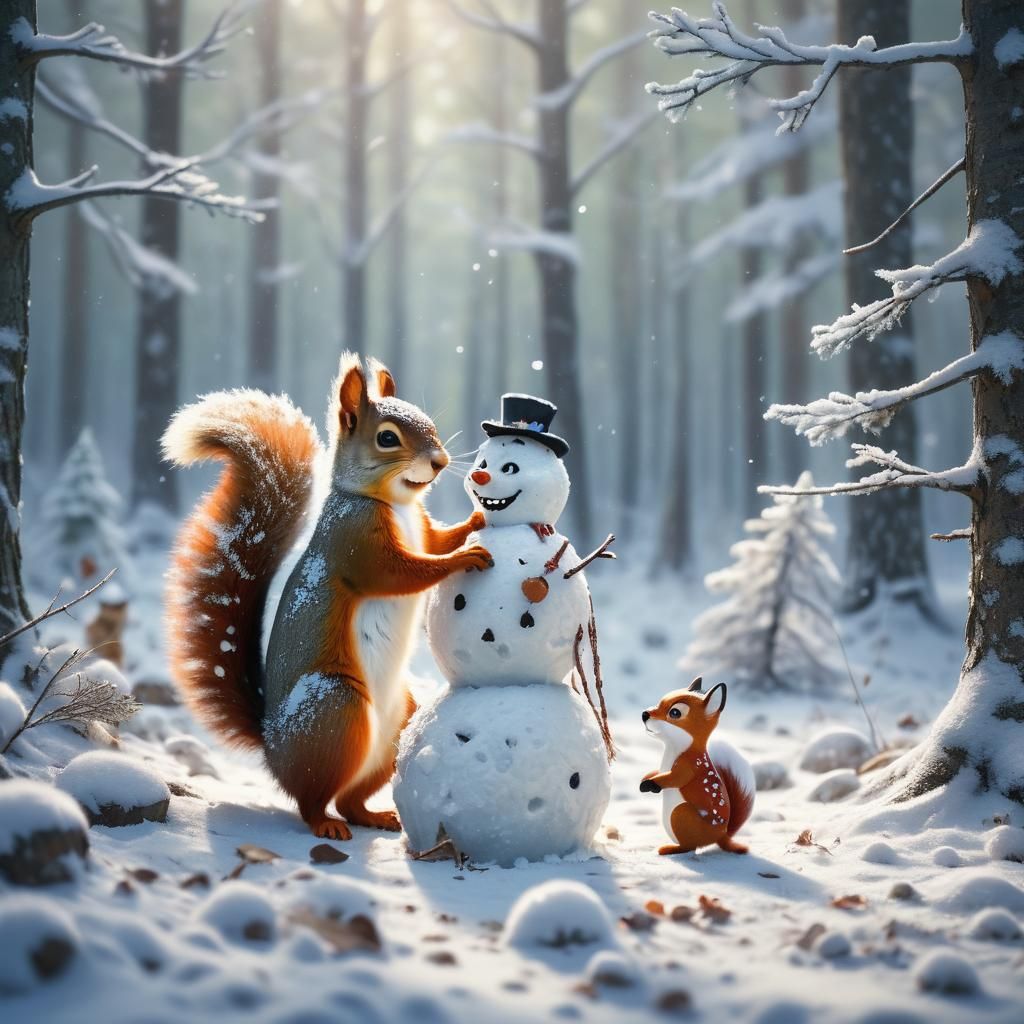 A touching scene of animal friendship in a snowy forest, with a squirrel, a fox and a deer working together to build a snowman amidst softly...