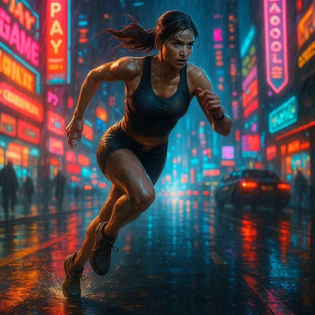 A determined woman in weathered athletic wear sprints throug...