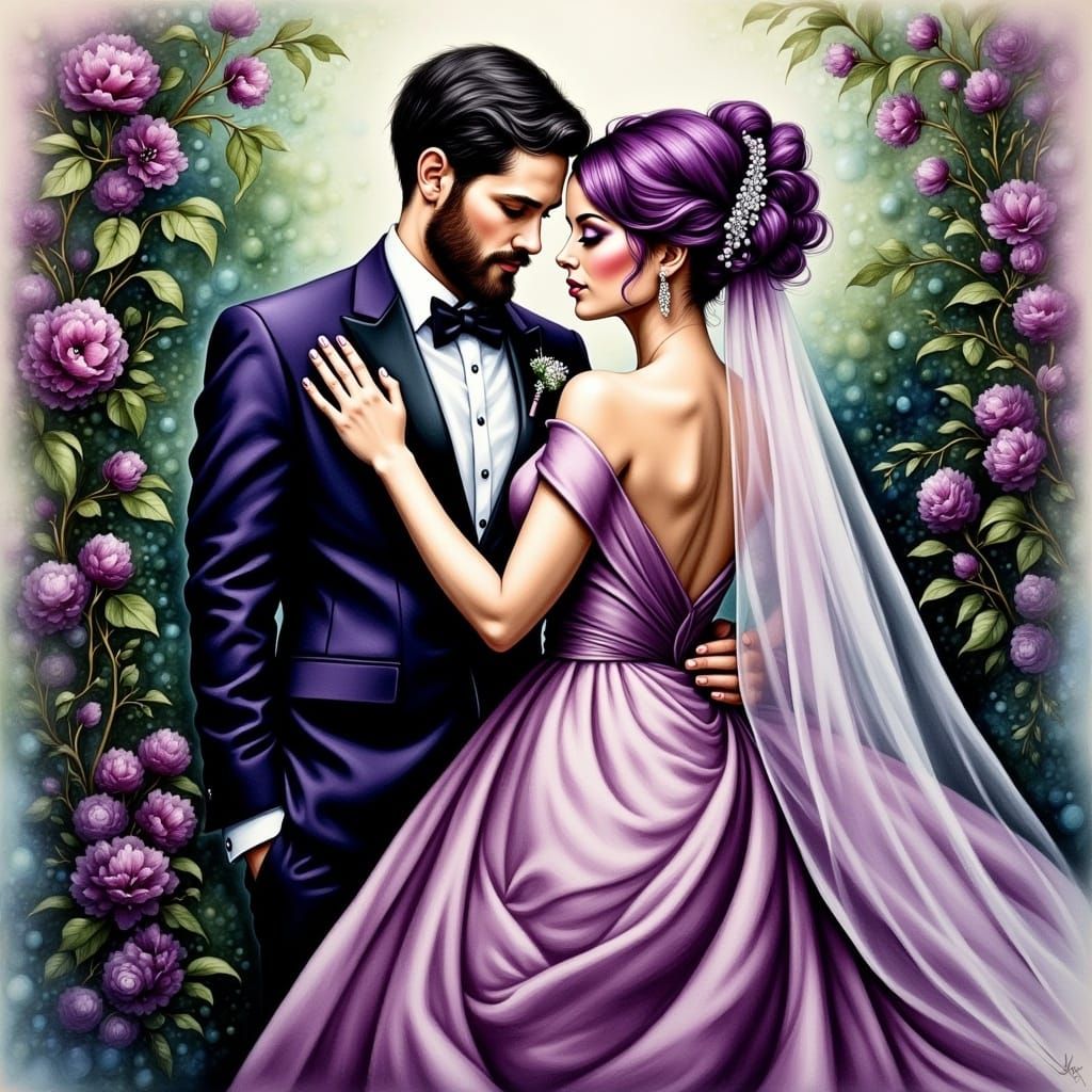 A husband and purple haired wife at their wedding <lora:FullColor Flux:1.0> Alcohol ink, Oil paint, deep saturation, high contrast, fantasy,...