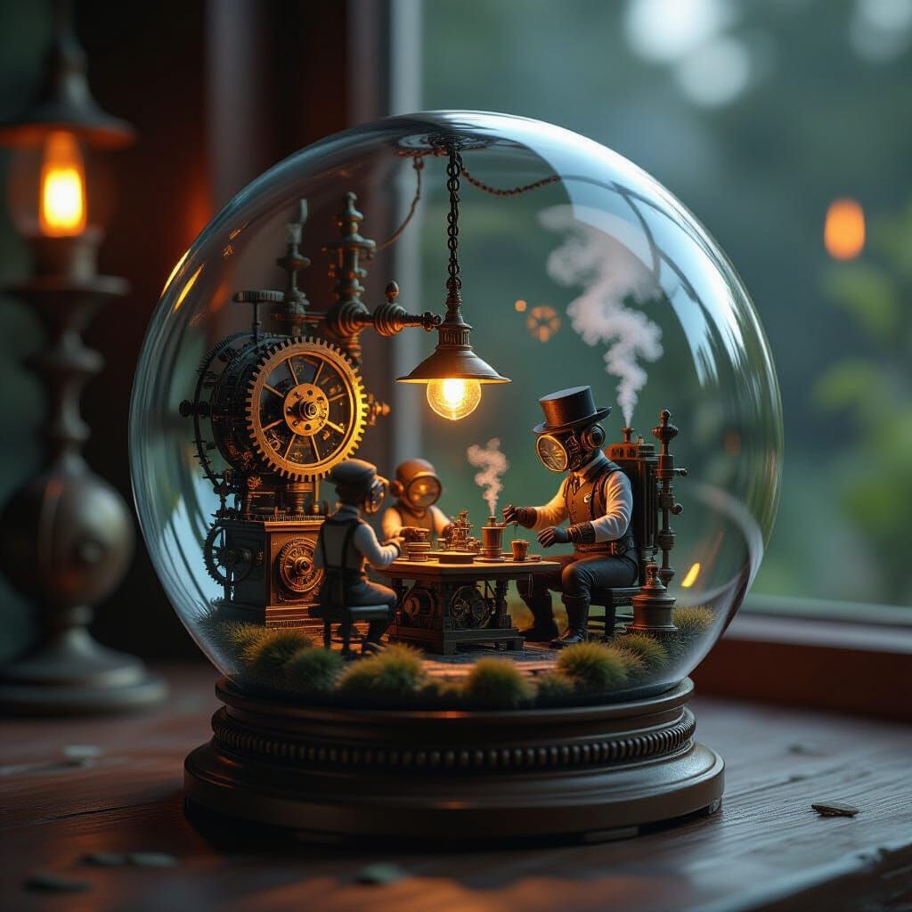Envision a serene glass orb containing a miniature steampunk workshop, with tiny automatons crafting intricate clockwork devices. Gears whir...